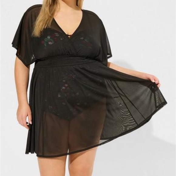 #408 - Torrid Mesh Smock Waist Cover Up Dress Sheer Sexy Lingerie Mini Nightgown - Picture 3 of 11